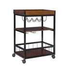 Chariot de cuisine industriel en métal et bois à 3 étagères, porte-bouteilles et verres, rangement sur roulettes