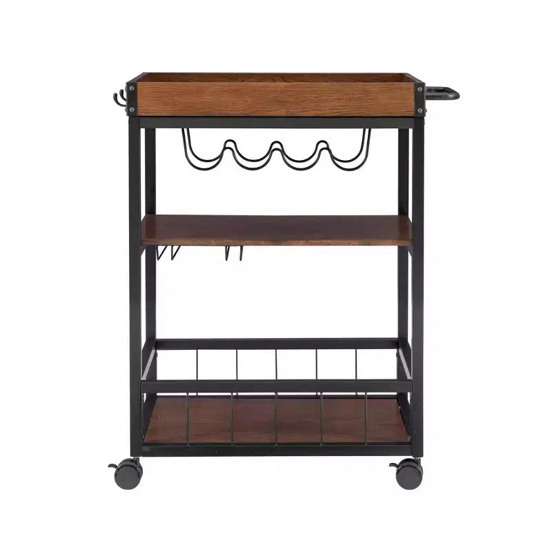 Chariot de cuisine industriel en métal et bois à 3 étagères, porte-bouteilles et verres, rangement sur roulettes