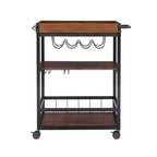 Chariot de cuisine industriel en métal et bois à 3 étagères, porte-bouteilles et verres, rangement sur roulettes