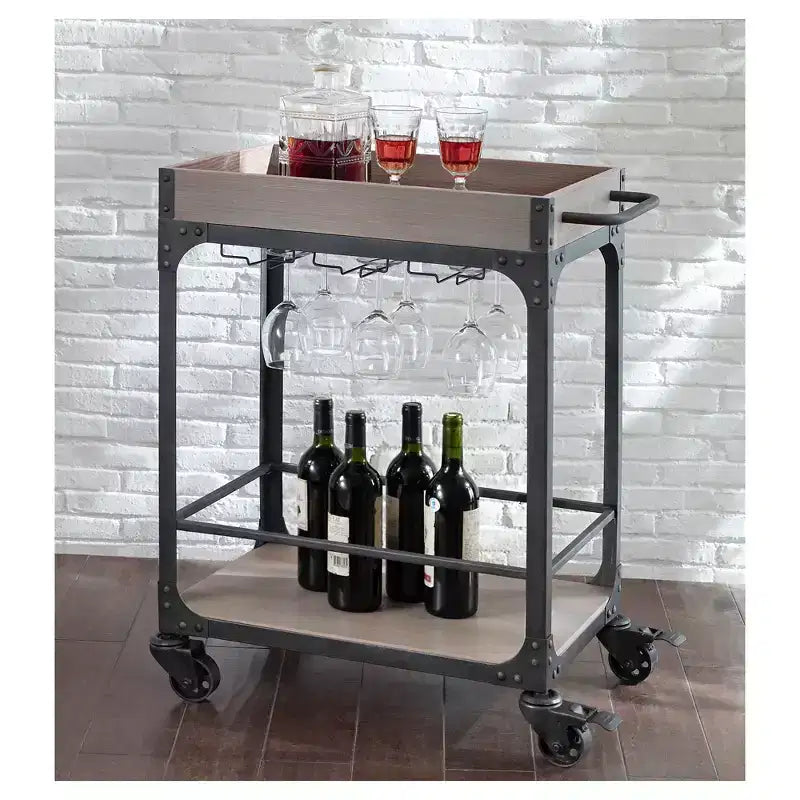 Bar et casier à vin gris patiné : chariot de service à roulettes verrouillables de style vintage