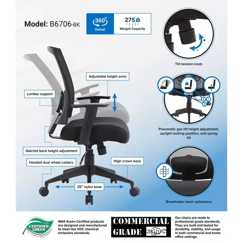 Fauteuil de bureau dossier résille noir : Ergonomique, accoudoirs réglables, pivotant, piètement nylon