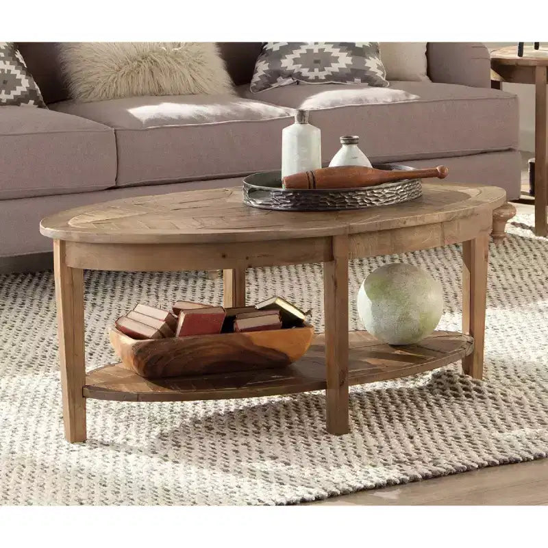 Table basse ovale de 122 cm avec étagère de rangement pour décoration de salon, Naturel
