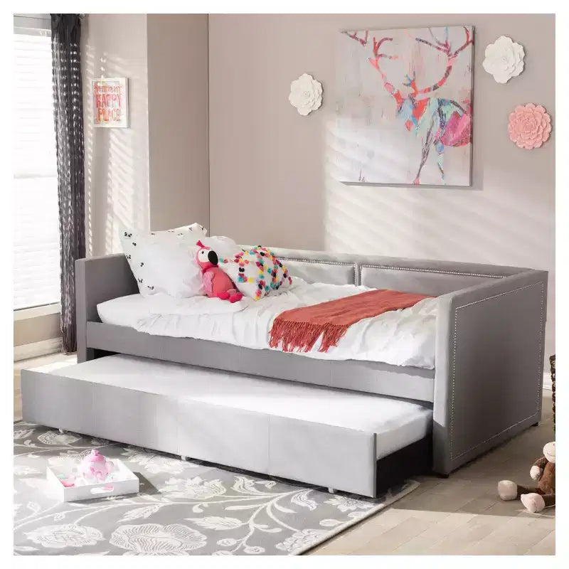 Canapé-lit gigogne double contemporain et moderne en tissu avec clous décoratifs et lit d'appoint escamotable, gris : Structure en bois d'hévéa