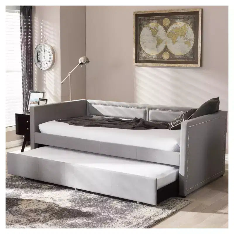 Canapé-lit gigogne double contemporain et moderne en tissu avec clous décoratifs et lit d'appoint escamotable, gris : Structure en bois d'hévéa