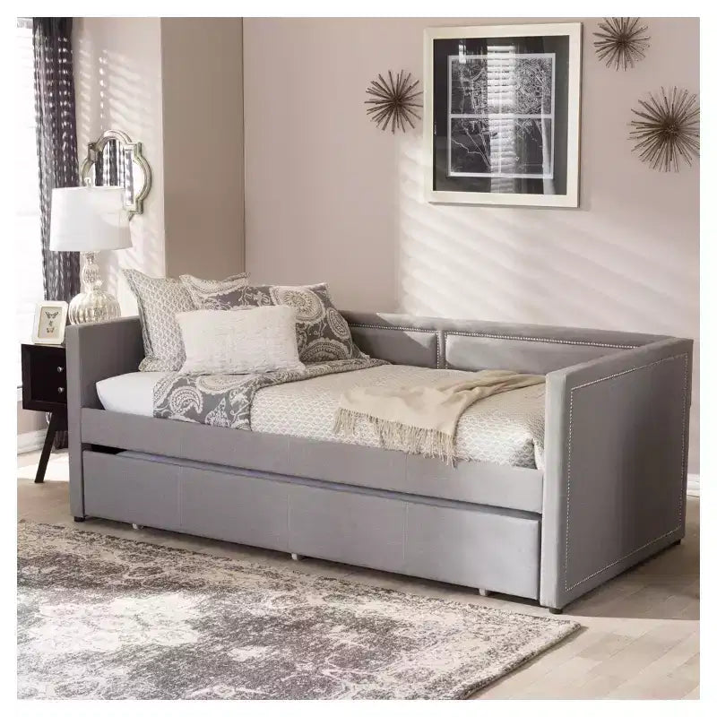 Canapé-lit gigogne double contemporain et moderne en tissu avec clous décoratifs et lit d'appoint escamotable, gris : Structure en bois d'hévéa