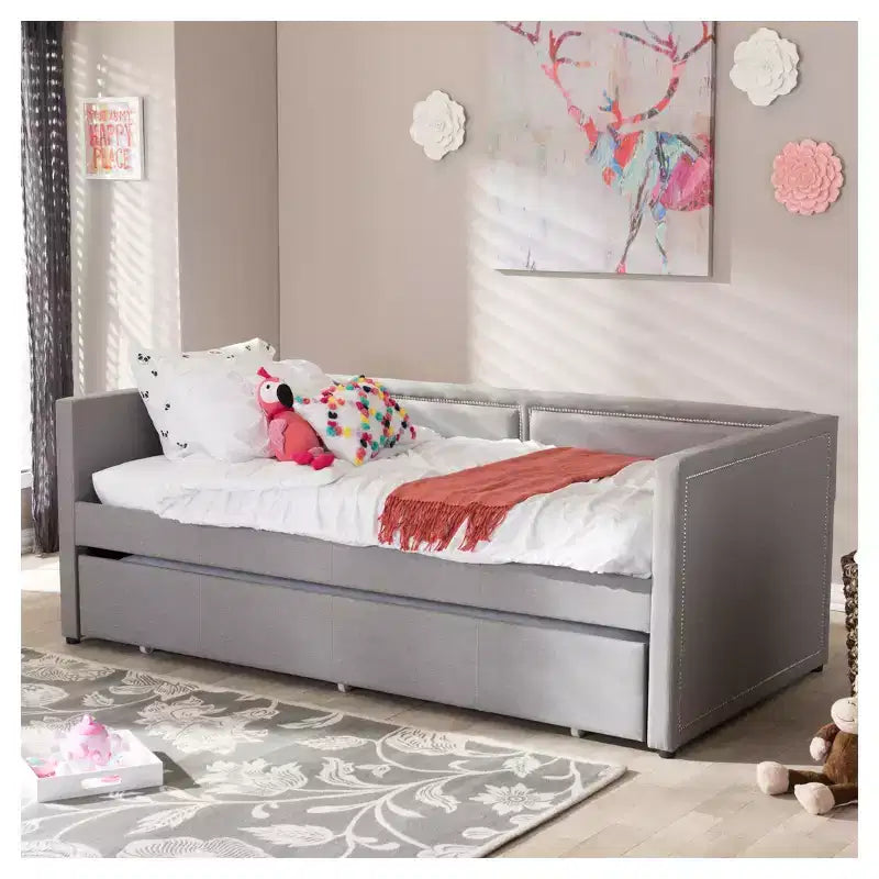 Canapé-lit gigogne double contemporain et moderne en tissu avec clous décoratifs et lit d'appoint escamotable, gris : Structure en bois d'hévéa