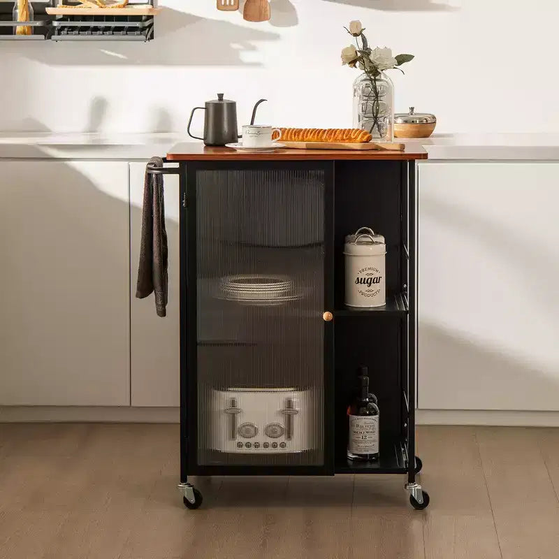 Chariot de service mobile de cuisine en métal avec armoire à porte simple transparente